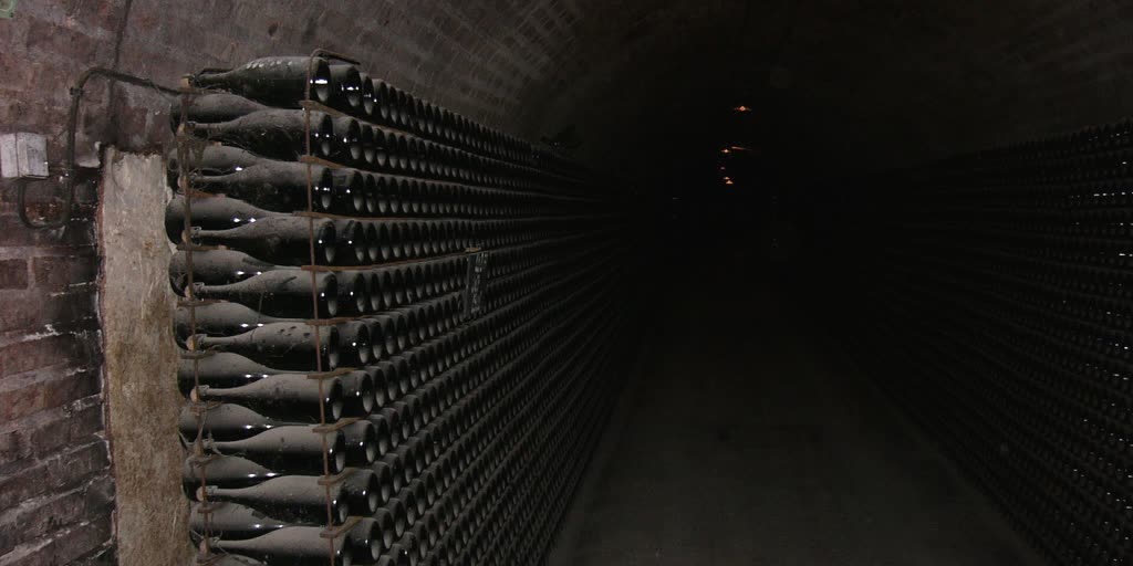 Champagnerflaschen reifen in einem Kellergang