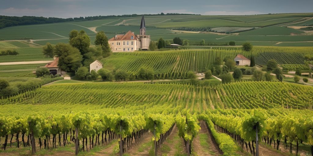 vineyards in Champagne region with sparkling wine bottles