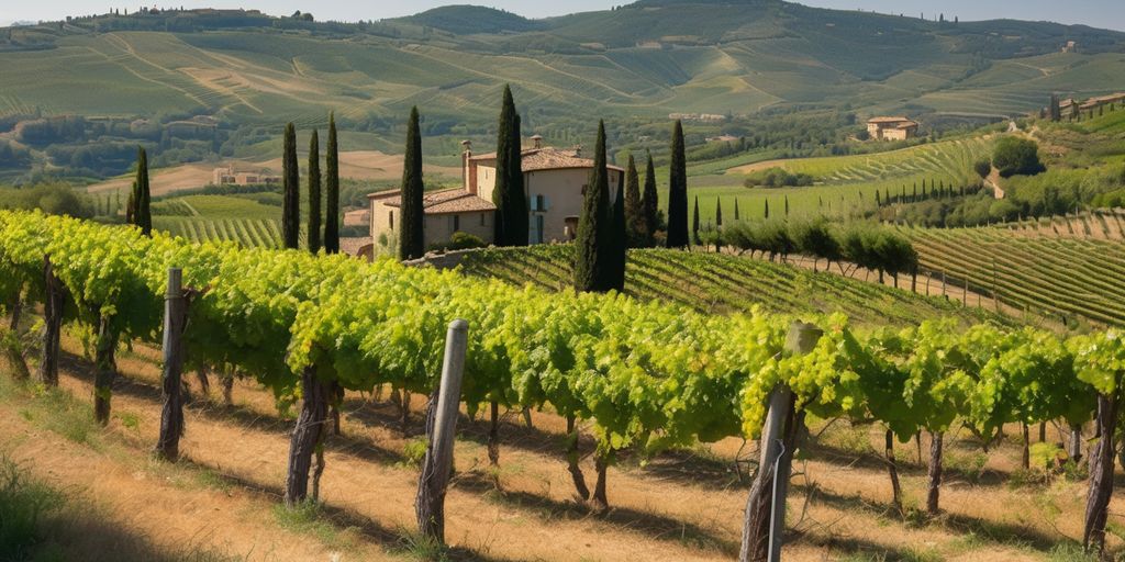 vineyard in Chianti region with rolling hills and traditional Italian architecture