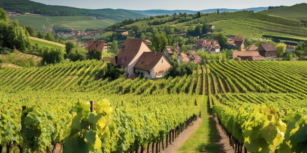 vineyards in Alsace region with white wine bottles