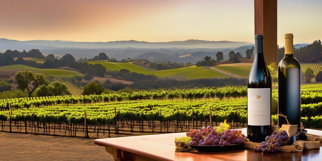 vineyard in Sonoma Valley, California with diverse wine bottles and scenic landscape