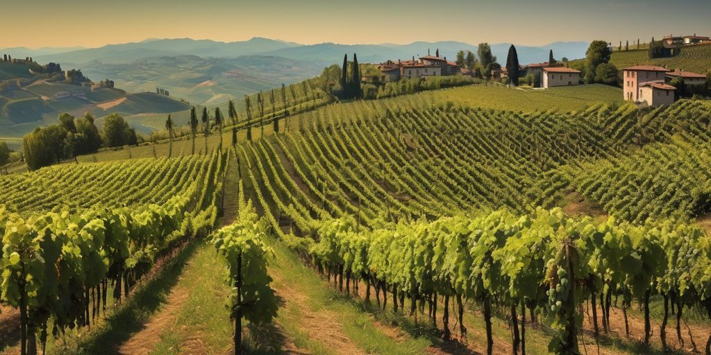 vineyards in Piedmont Italy with Barolo and Barbaresco wine bottles