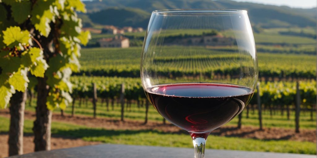Syrah wine glass in vineyard setting