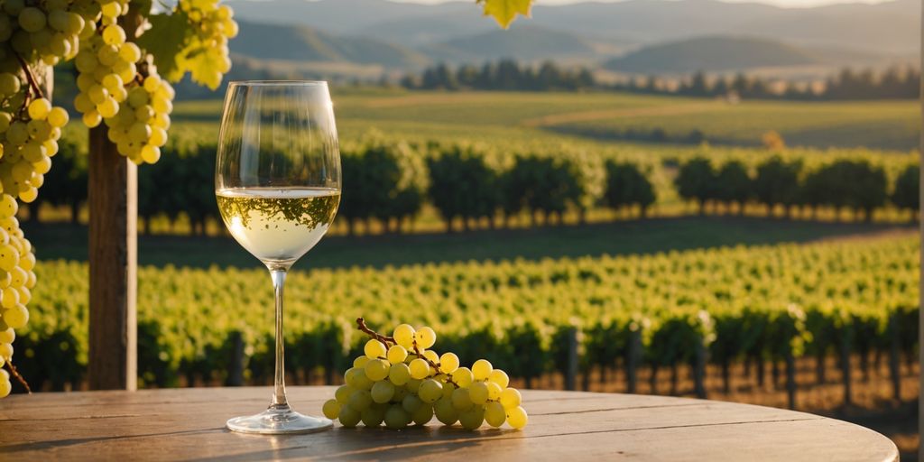 Chardonnay glass in vineyard with golden hues.
