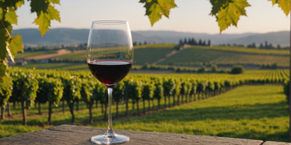 Glass of Petit Verdot wine in vineyard setting