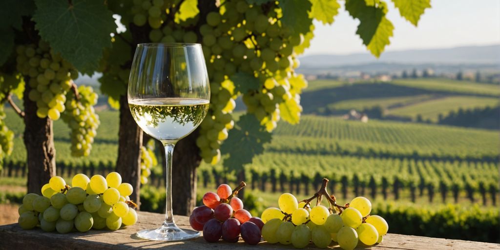 Glass of Albariño wine with grapes and vineyard view.