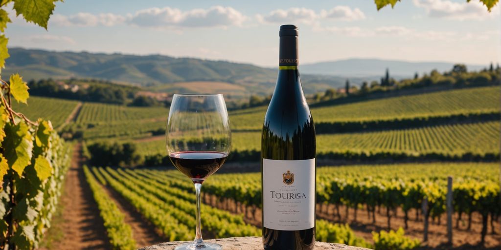 Touriga Nacional wine bottle in a lush vineyard.