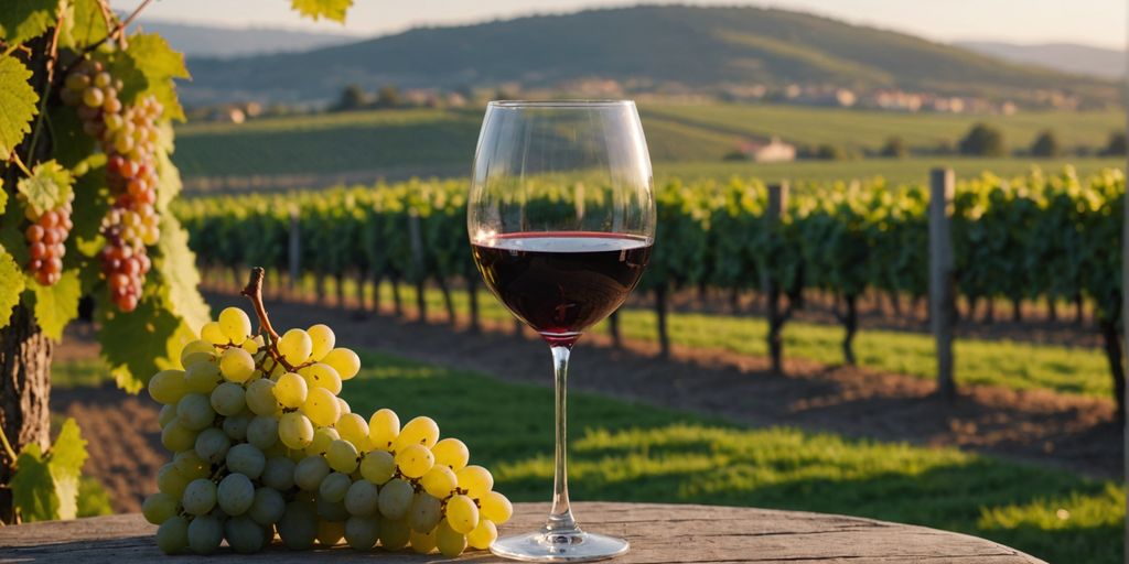 Zinfandel wine glass with grapes and vineyard view.