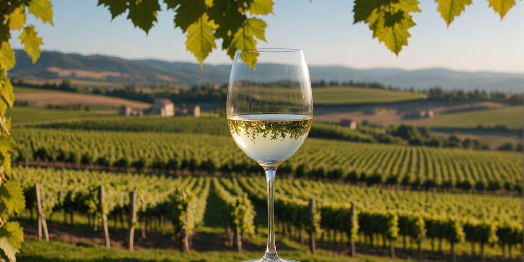 Glass of Viognier wine in vineyard setting