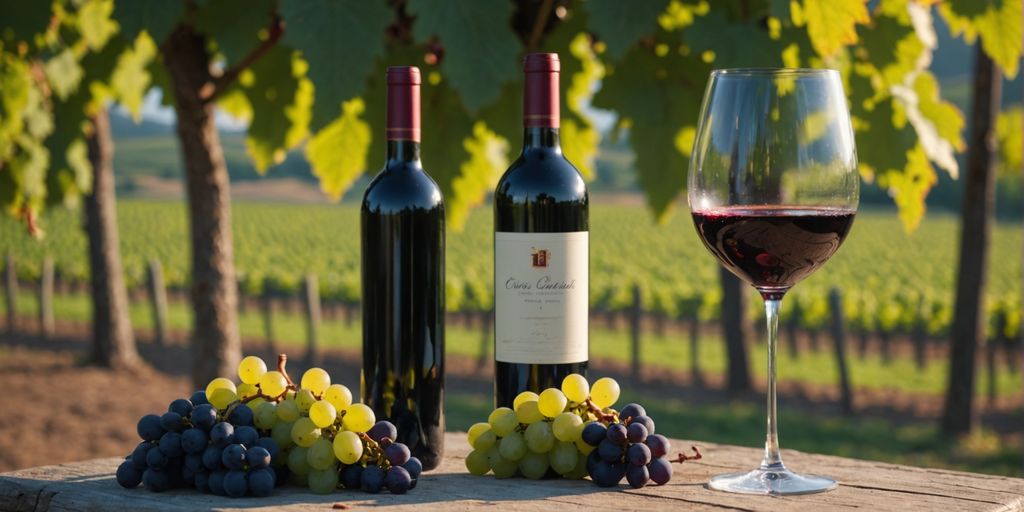 Cabernet Sauvignon glass, vineyard, and grapes in background.